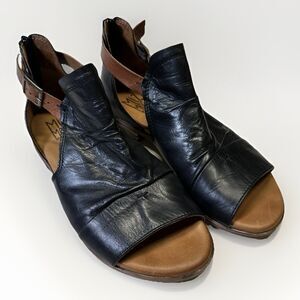 Miz Mooz Dipper Sandals Black & Brown Leather Euro 38 | Boho Zip Back Peep Toe